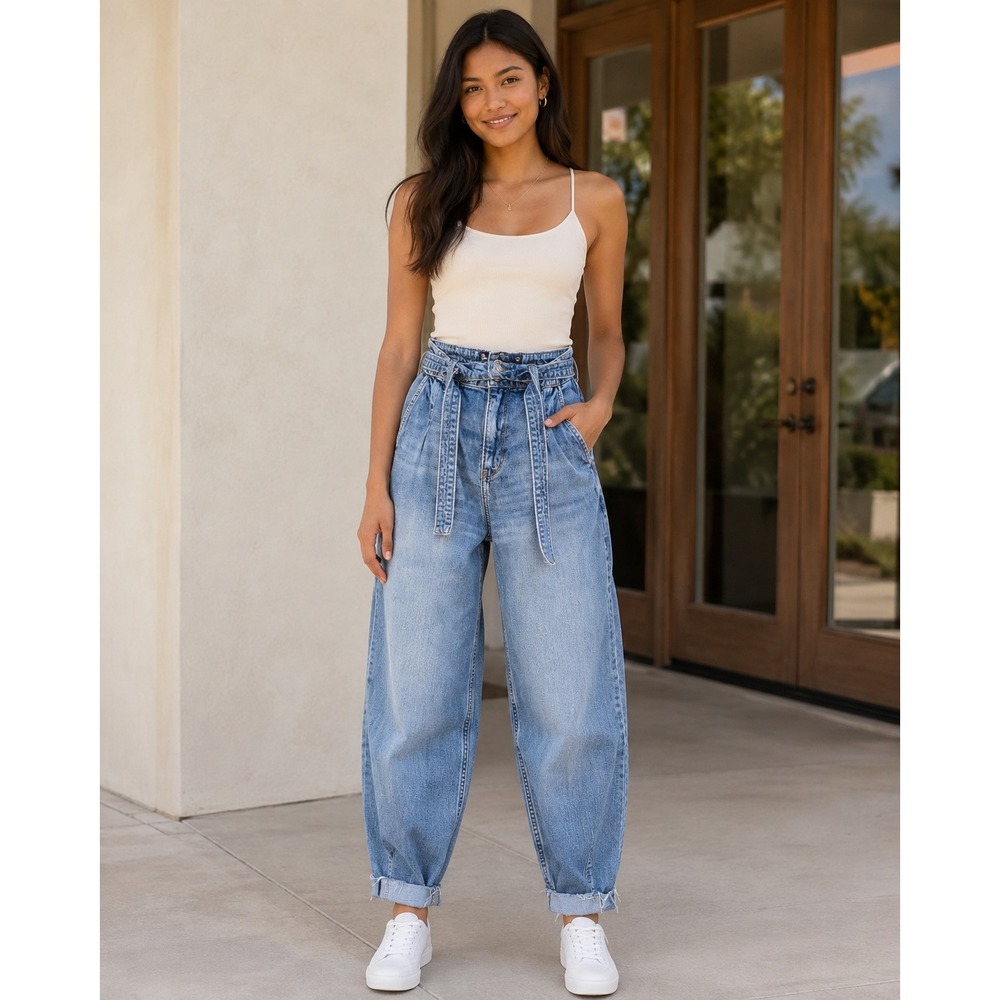 Hollister Balloon Jeans Women 1S W25 Blue High Rise Paperbag Tie Waist Stretch